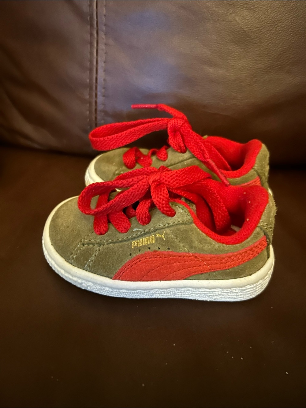Puma Kids Olive Green Suede Sneakers with Red Accents